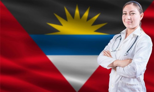 Female doctor on Antigua and Barbuda flag. Doctor with crossed arms on Antigua and Barbuda flag.