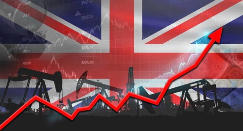Oil pumps with United Kingdom flag. Oil production with United Kingdom flag, petrol industry
