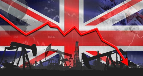 Fall oil price with flag of United Kingdom on economic chart, Petrol crisis with United Kingdom