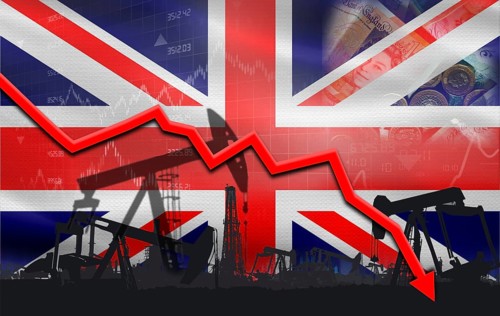 Petroleum crisis with United Kingdom flag on financial graph. Fall oil price with flag of United