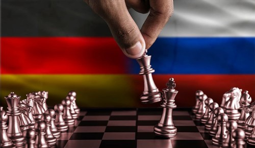 Political tension between Germany and Russia. Germany vs Russia flag on chessboard