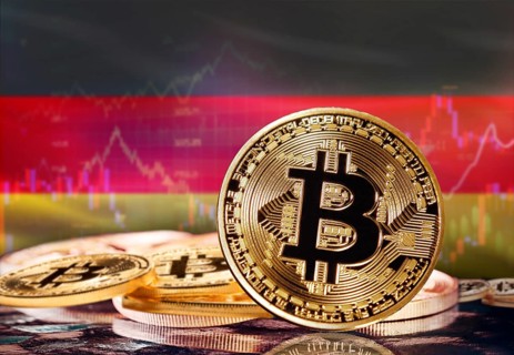 Bitcoin with Germany flag in the background. Investors in cryptocurrency and Blockchain Technology