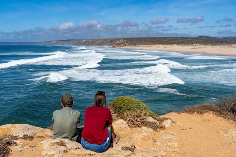 Viewpoint at Praia da Bordeira beach, near Carrapateira, popular with surfers, wave riders, rocky