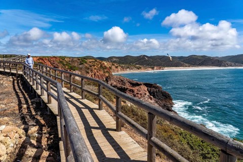 Viewpoint at Praia do Portinho do Forno, view of Praia do Amado beach near Carrapateira, popular