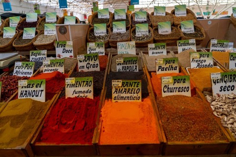 The Mercado Municipal de Tavira, market stalls of all kinds under one roof, spices, vegetables,