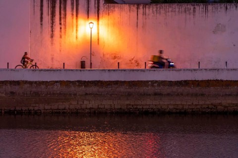 Evening in the old town centre, by the Gilao River, Tavira, in the Algarve, Portugal