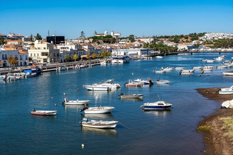 The old town centre of Tavira, on the Gilao river, boats, fishing boats, in the Algarve, Portugal