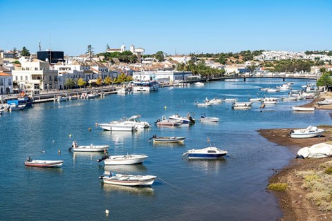 The old town centre of Tavira, on the Gilao river, boats, fishing boats, in the Algarve, Portugal