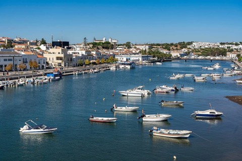 The old town centre of Tavira, on the Gilao river, boats, fishing boats, in the Algarve, Portugal