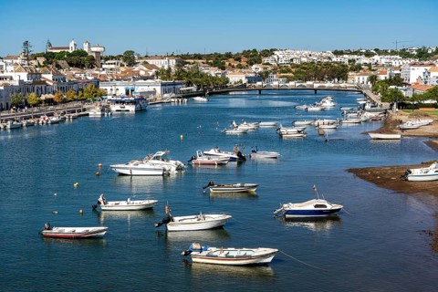 The old town centre of Tavira, on the Gilao river, boats, fishing boats, in the Algarve, Portugal