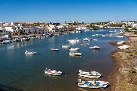 The old town centre of Tavira, on the Gilao river, boats, fishing boats, in the Algarve, Portugal