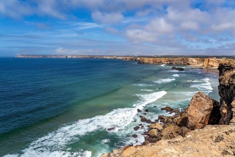 Rocky coast, cliffs in the south-west of the Algarve, near Sagres, Tonel Beach, beach, popular with