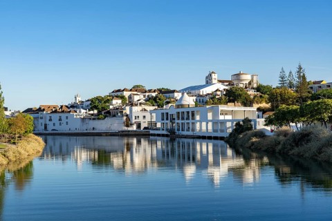 The old town centre of Tavira, on the Gilao River in the Algarve, Portugal