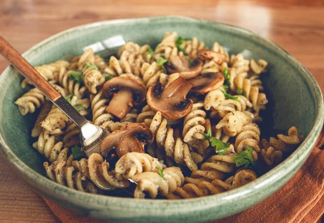 Fusilli pasta, in creamy mushroom sauce, pasta with mushrooms, homemade, no people
