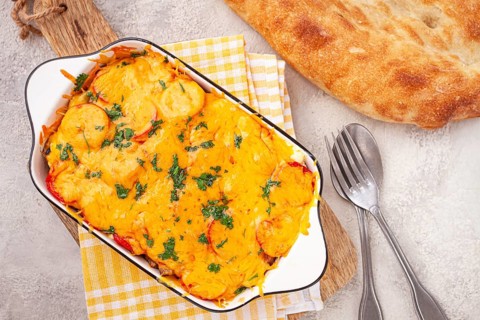 Madame Bovary's Georgian dish, chicken fillet with mushrooms, tomatoes and cheese, baked in a mold