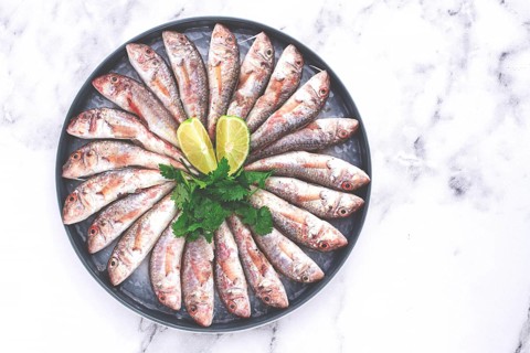 Fresh mullet fish, laid out on a large platter, garnished with lime slices and cilantro, top view