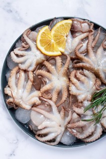 Fresh baby octopuses on ice, garnished with lemon and rosemary, on a marble table, no people