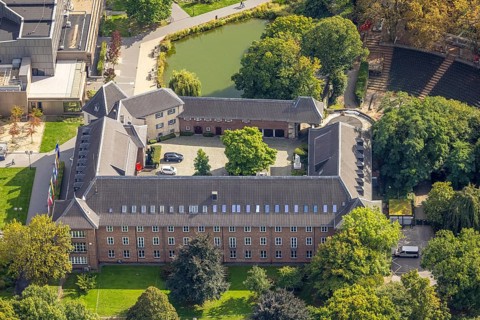 Aerial view, Dinslaken Castle and Palace with tree in the courtyard, Dinslaken, Ruhr area, North