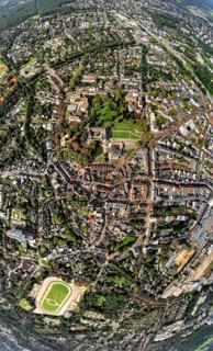 Aerial view, municipal park and castle Dinslaken with town hall, below the former harness racing