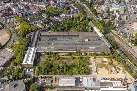 Aerial view, former MCS Technologies GmbH factory premises at Thyssenstraße, Dinslaken, Ruhr area,