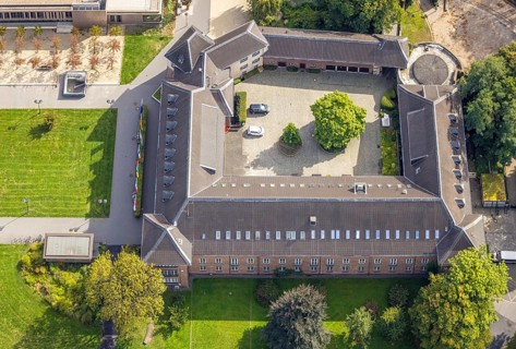 Aerial view, Dinslaken Castle and Palace, green tree in the inner courtyard, Dinslaken, Ruhr area,