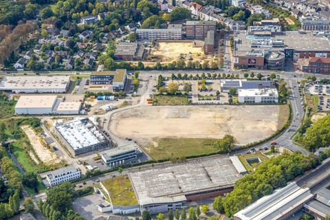 Aerial view, Hamco construction site at the corner of Hans-Böckler-Straße and Otto-Brenner-Straße,