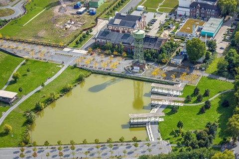 Aerial view, Bergpark Lohberg Kreativquartier, former colliery site and landscaping, Lohberger