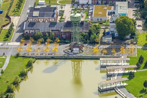Aerial view, Bergpark Lohberg Kreativquartier, former colliery site and landscaping, Lohberger