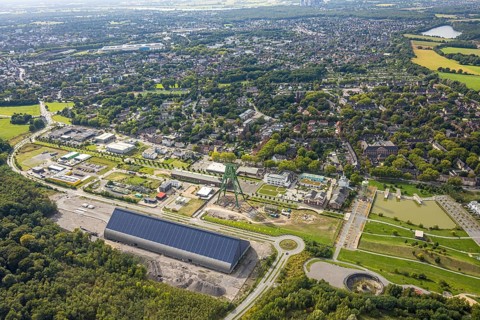 Aerial view, Bergpark Lohberg creative quarter, former colliery site and landscaping, winding