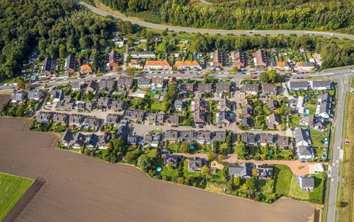 Aerial view, single-family house, housing estate Bergerstraße, Oberlohberg, Dinslaken, Ruhr area,