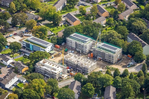 Aerial photo, Solarquartier Lohberg, construction site and new construction residential buildings