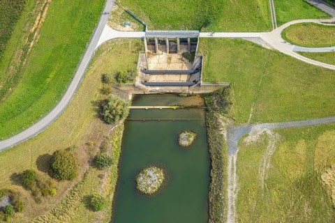 Aerial view, Old Emscher estuary Emscher renaturalisation river Emscher, Eppinghoven, Dinslaken,