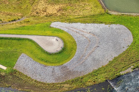 Aerial view, quiet zone, Emscher renaturalisation river Emscher and new Emscher estuary, Möllen,