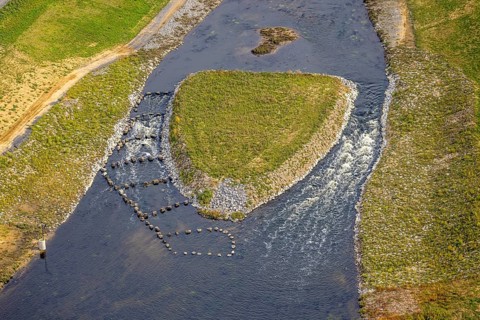 Aerial view, fish ladder, Emscher renaturalisation river Emscher, New Emscher estuary city border