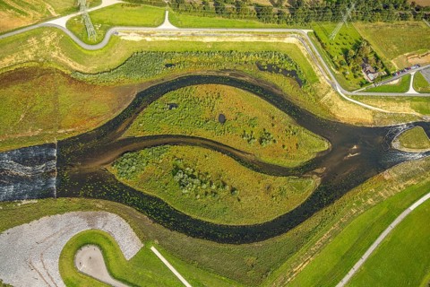Aerial view, Emscher renaturation river Emscher, New Emscher estuary city border Dinslaken/Voerde