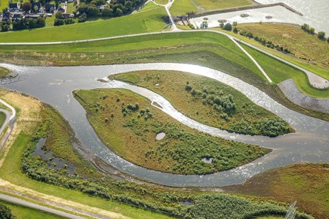 Aerial view, Emscher renaturalisation river Emscher, New Emscher estuary city border