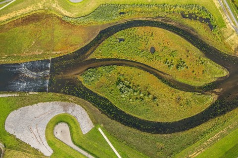 Aerial view, Emscher renaturation river Emscher, New Emscher estuary city border Dinslaken/Voerde
