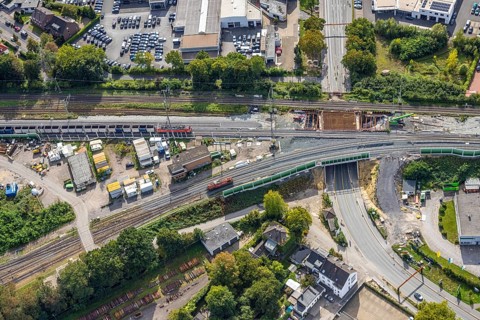 Aerial view, bridge construction site federal road B8 Weseler Straße at the track junction,