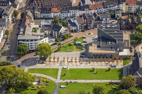 Aerial view, Kathrin-Türks-Halle theatre at the municipal park, Dinslaken, Ruhr area, North