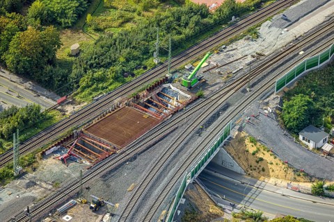 Aerial view, bridge construction site federal road B8 Weseler Straße at the track junction,