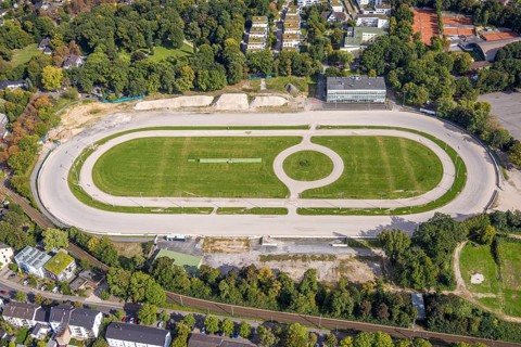 Aerial view, former trotting track Dinslaken with demolition works and construction site for a new