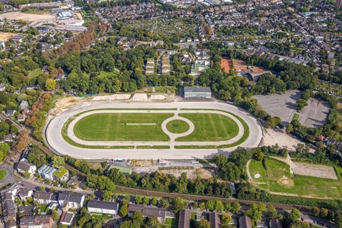Aerial view, former trotting track Dinslaken with demolition works and construction site for a new