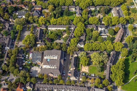 Aerial view, multi-family house, housing estate Steigerstraße corner Stollenstraße with green trees