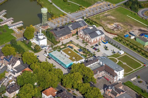 Aerial view, Bergpark Lohberg Kreativquartier, former colliery site and landscaping, Lohberger