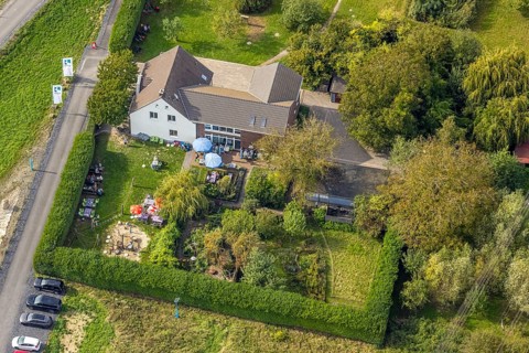 Aerial view, Hof Emschermündung Cafe and Gastronomy, street Am Hagelkreuz am Fluss Emcher,