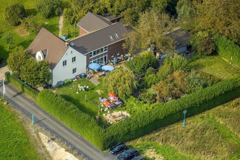 Aerial view, Hof Emschermündung Cafe and Gastronomy, street Am Hagelkreuz am Fluss Emcher,