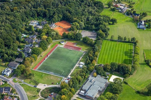 Aerial view, Golddorfarena Sportpark Hünxe, football stadium STV Hünxe sports field and indoor