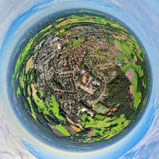 Aerial view, city centre view with comprehensive school Hünxe, globe, fisheye image, 360 degree