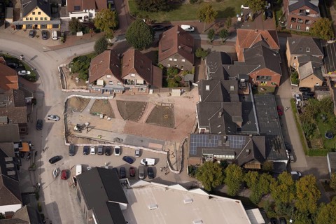 Aerial view, construction site and reconstruction Am Marktplatz, Hünxe, Ruhr area, North