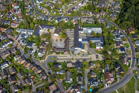 Aerial view, Comprehensive school Hünxe and Karl-Vogels-Schule primary school with solar roof,